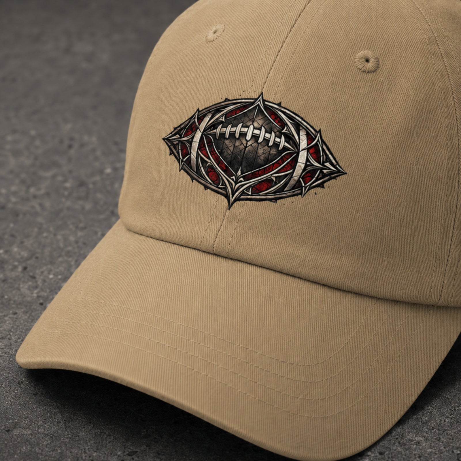 Fourth Chapel Dad Hat Khaki – embroidery and fabric detail
