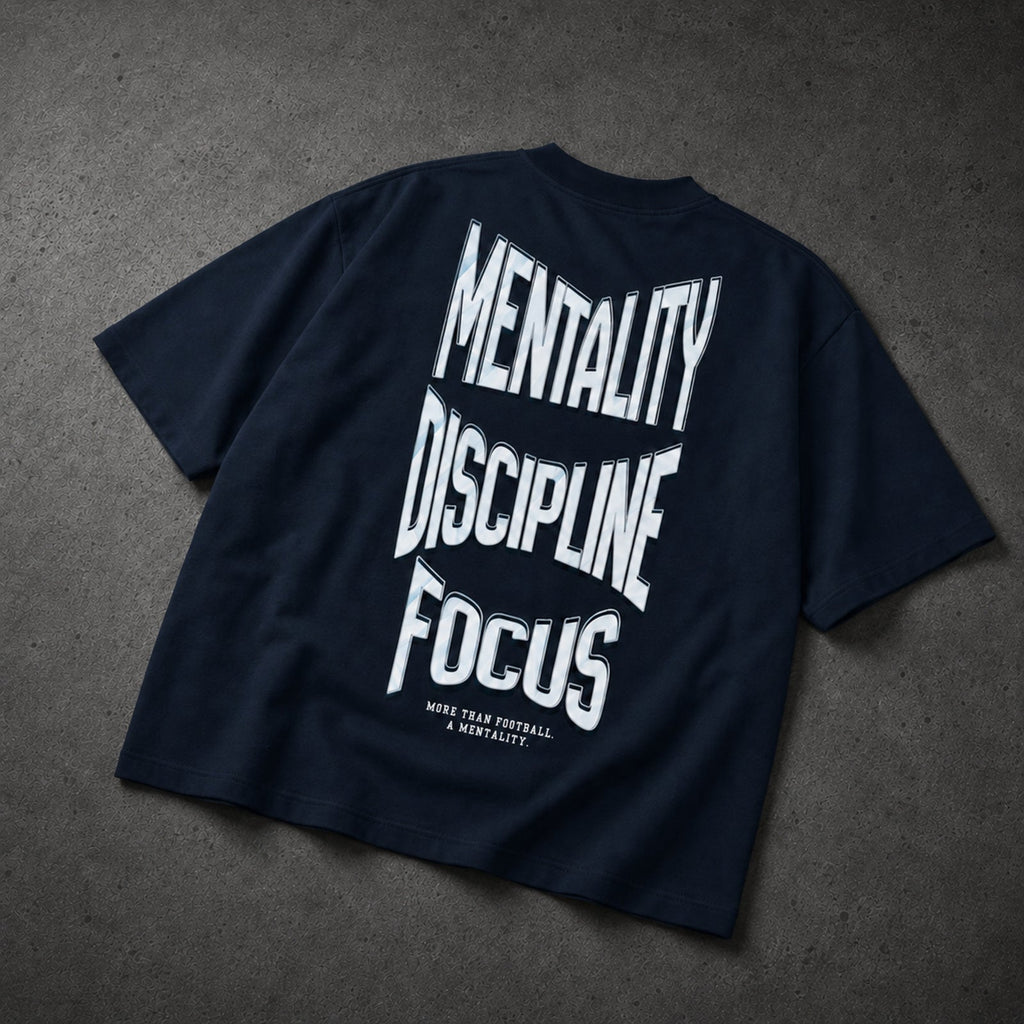 Mentality Discipline Focus Oversized T-Shirt French Navy – premium back angle