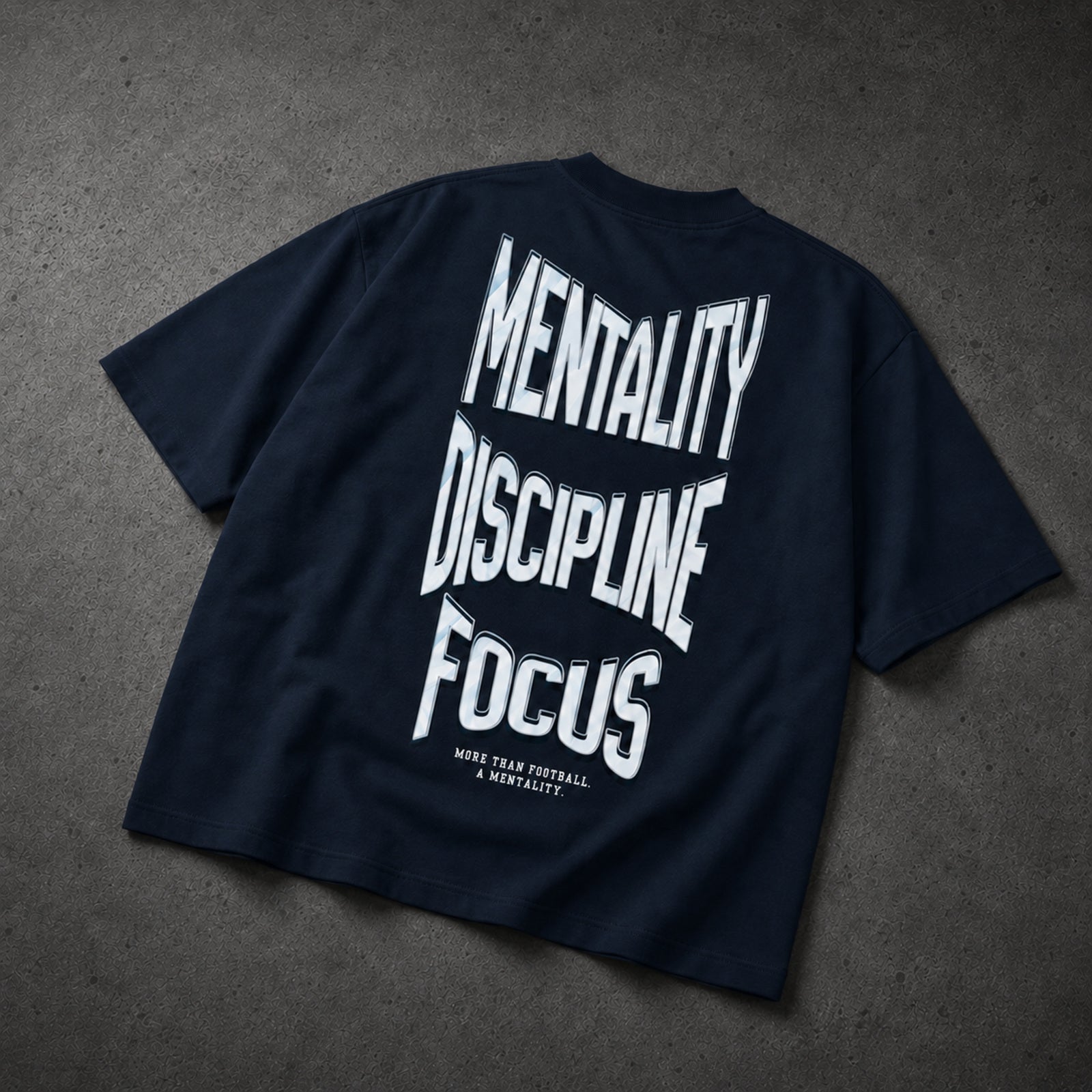 Mentality Discipline Focus Oversized T-Shirt French Navy – premium back angle