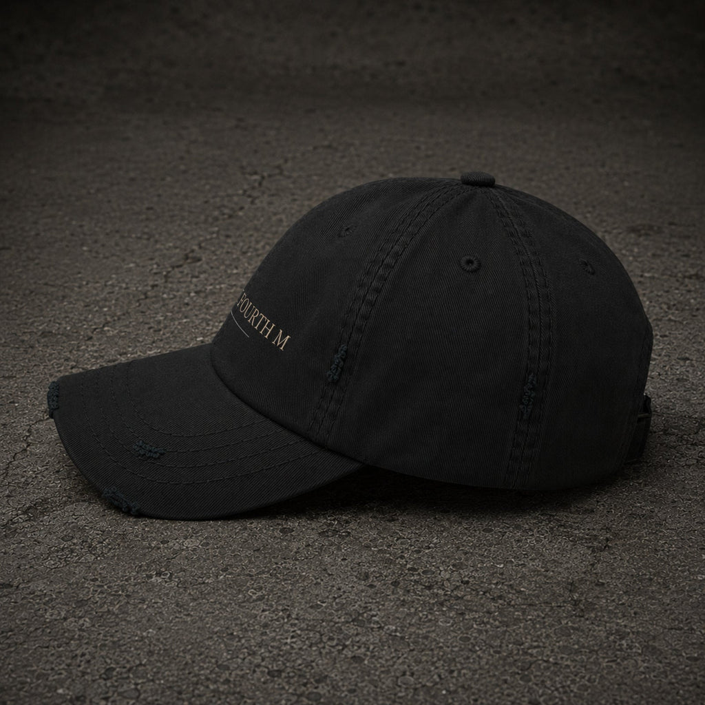 4TH Gallery Signature Dad Hat Black – distressed fabric detail