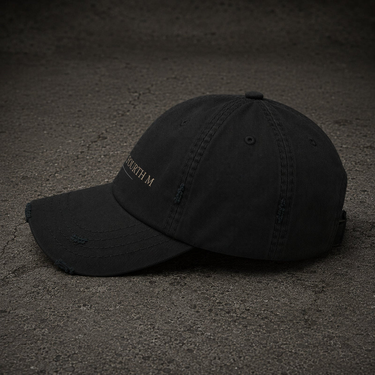 4TH Gallery Signature Dad Hat Black – distressed fabric detail