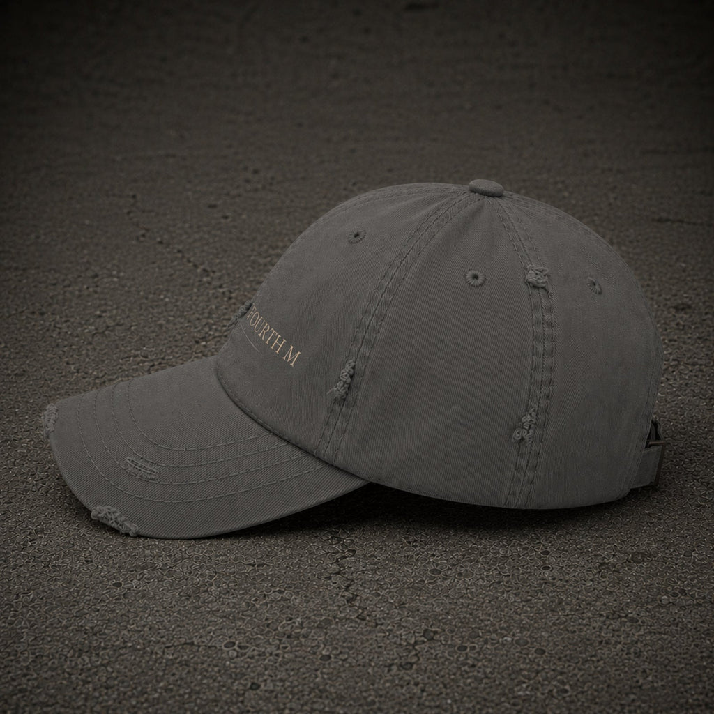 4TH Gallery Signature Dad Hat Grey – distressed fabric detail